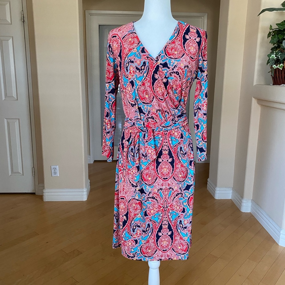 Jones New York Paisley Red and Blue Long Sleeve  Dress